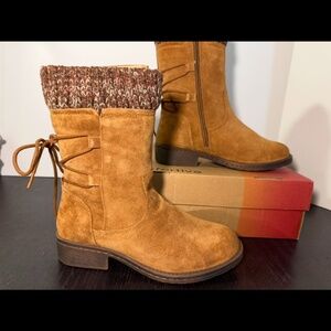 Comfortiva Salem Suede Knit Cuff Mid Calf Waterproof Boots Brandy Brown Woman 7W